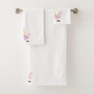 WHITE PINK UNICORN BATHROOM TOWEL SET