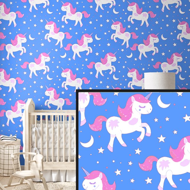 White Pink Unicorns Stars on Blue Wallpaper (Creator Uploaded)