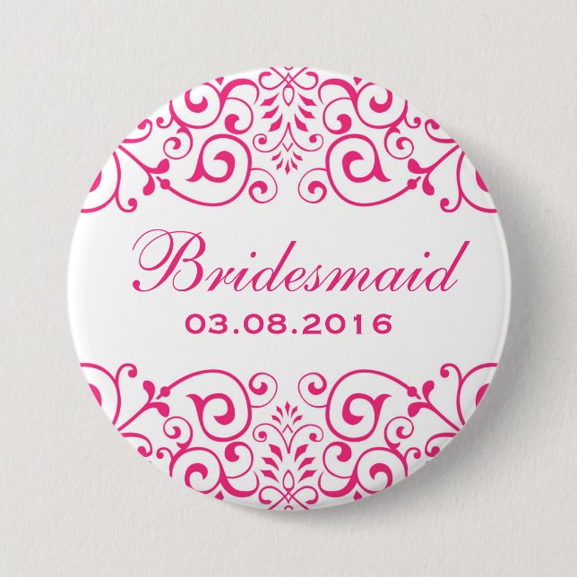 White Pink Victorian Floral Bridesmaid Button (Front)