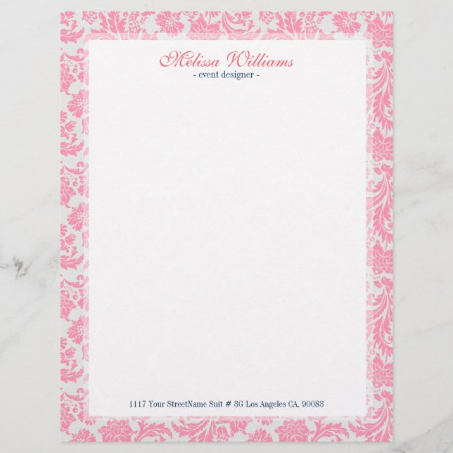 White  & Pink Vintage Damasks Pattern Letterhead Design (Front)