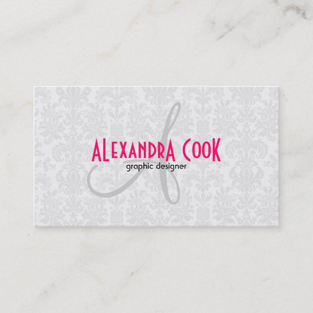 White & Pink Vintage Floral Damasks Business Card (Front)