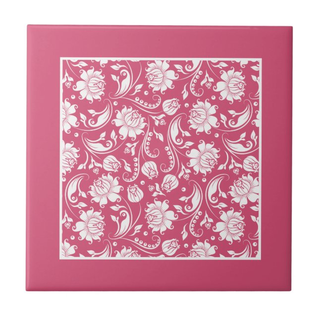 White & Pink Vintage Floral Damasks Tile (Front)