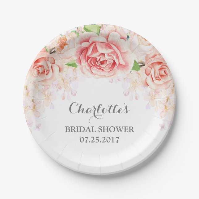 White Pink Watercolor Floral Bridal Shower Paper Plate (Front)