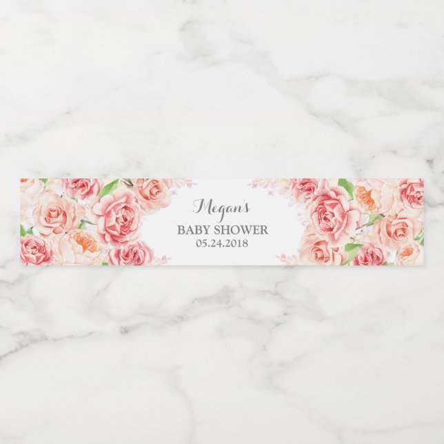 White Pink Watercolor Flowers Baby Shower Water Bottle Label (Single Label)
