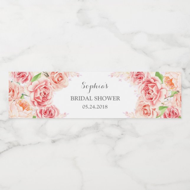 White Pink Watercolor Flowers Bridal Shower Water Bottle Label (Single Label)