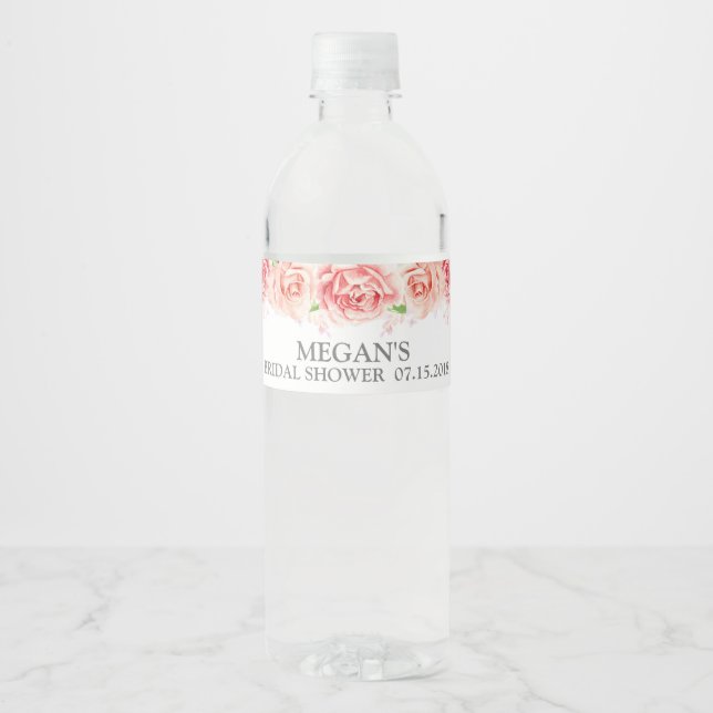 White Pink Watercolor Flowers Bridal Shower Water Bottle Label (Front)