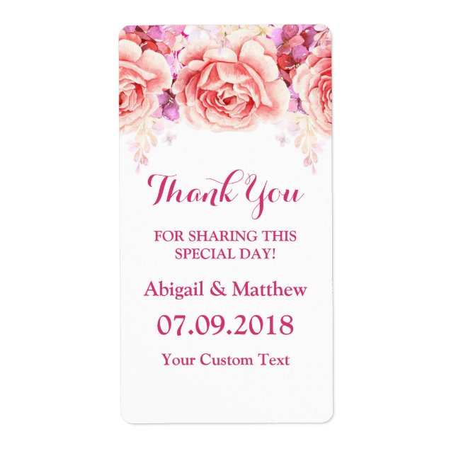 White Pink Watercolor Flowers Wedding Labels (Front)