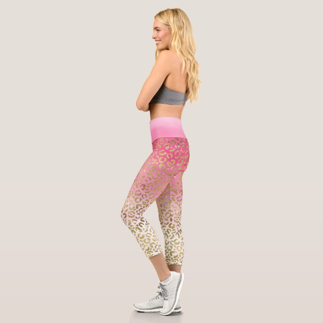 White Pink Watercolor Gold Glam Leopard Print  Capri Leggings (Left)