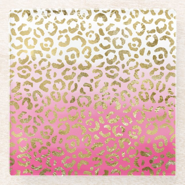 White Pink Watercolor Gold Glam Leopard Print  Glass Coaster (Front)