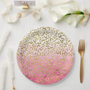 White Pink Watercolor Gold Glam Leopard Print  Paper Plate