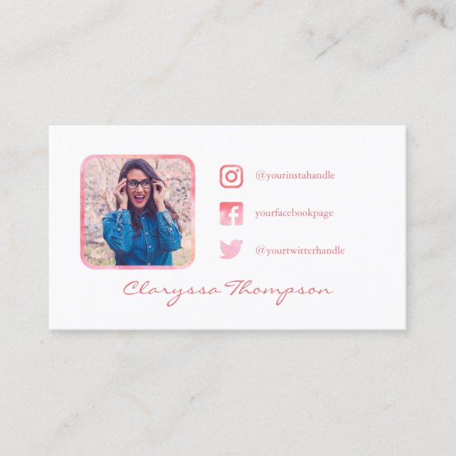 White & Pink Watercolor Photo Social Media Business Card (Front)