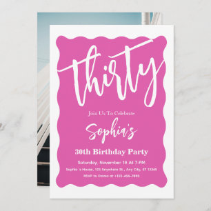 White & Pink Wavy Curve Modern 30th Birthday Party Invitation