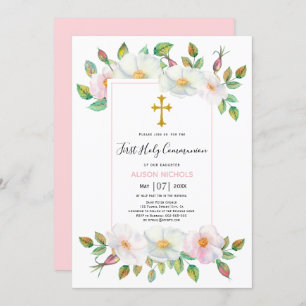 White, pink wild dog rose floral First Communion Invitation