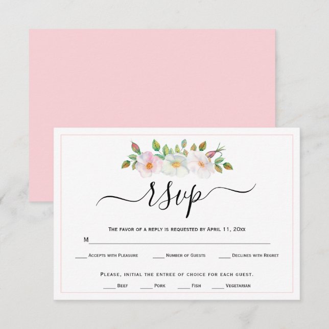 White, pink wild dog rose floral wedding RSVP (Front/Back)