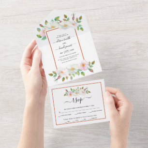 White, pink wild rose floral rust frame wedding  all in one invitation