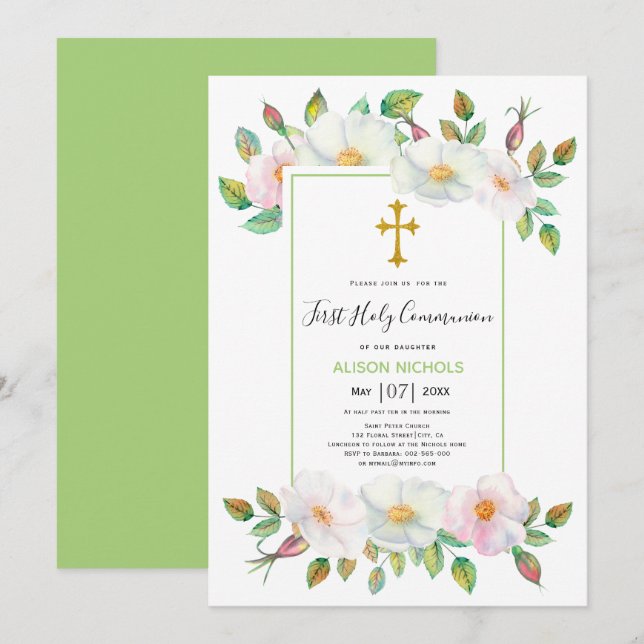 White pink wild roses green floral First Communion Invitation (Front/Back)