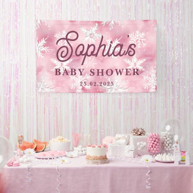 White Pink Winter Snowflake Pattern Girl Party Banner (Party)