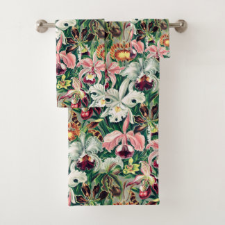 White Pink Yellow Green Orchid Pattern Bath Towel Set