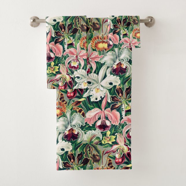 White Pink Yellow Green Orchid Pattern Bath Towel Set (Insitu)
