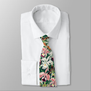 White Pink Yellow Green Orchid Pattern Tie