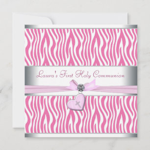 White Pink Zebra Heart Pink Cross First Communion Invitation