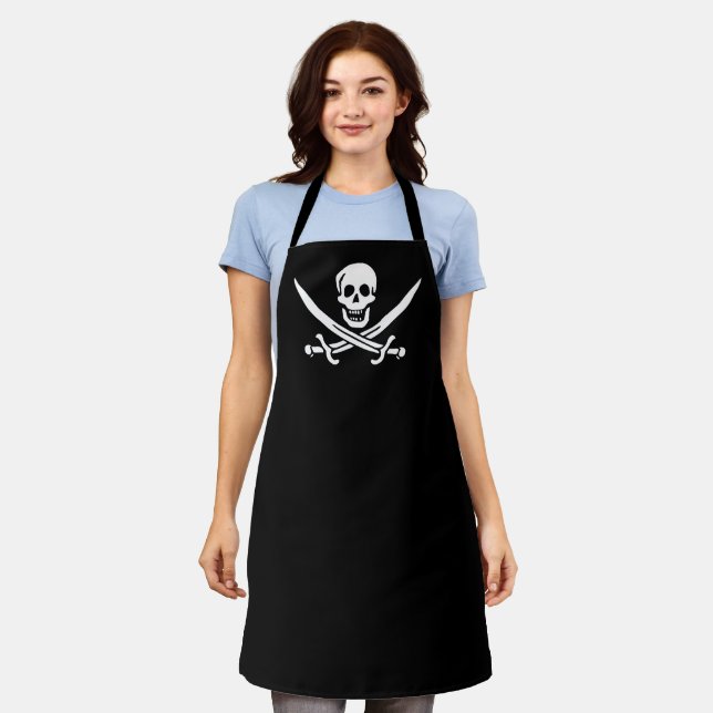 White, Pirate Flag Calico Jack, Skull & Cutlass  Apron (Worn)
