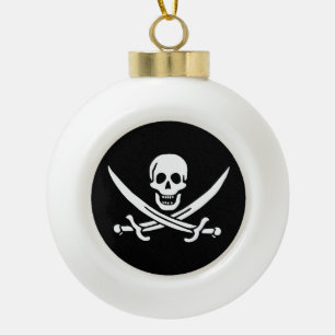 White, Pirate Flag Calico Jack, Skull & Cutlass Ceramic Ball Christmas Ornament