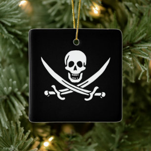 White, Pirate Flag Calico Jack, Skull & Cutlass  Ceramic Ornament