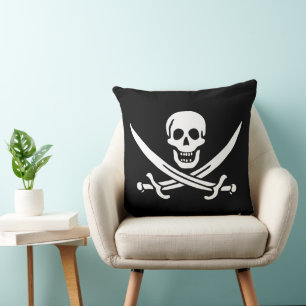 White, Pirate Flag Calico Jack, Skull & Cutlass  Cushion