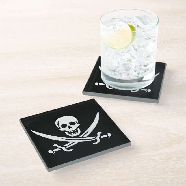 White, Pirate Flag Calico Jack, Skull & Cutlass  Glass Coaster (Angled)