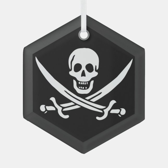 White, Pirate Flag Calico Jack, Skull & Cutlass Glass Tree Decoration (Front)