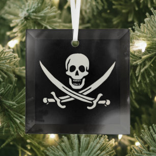 White, Pirate Flag Calico Jack, Skull & Cutlass  Glass Tree Decoration