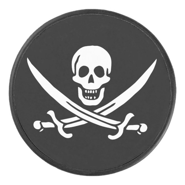White, Pirate Flag Calico Jack, Skull & Cutlass Hockey Puck (Front)