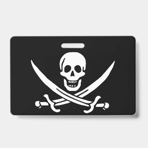 White, Pirate Flag Calico Jack, Skull & Cutlass  ID Badge