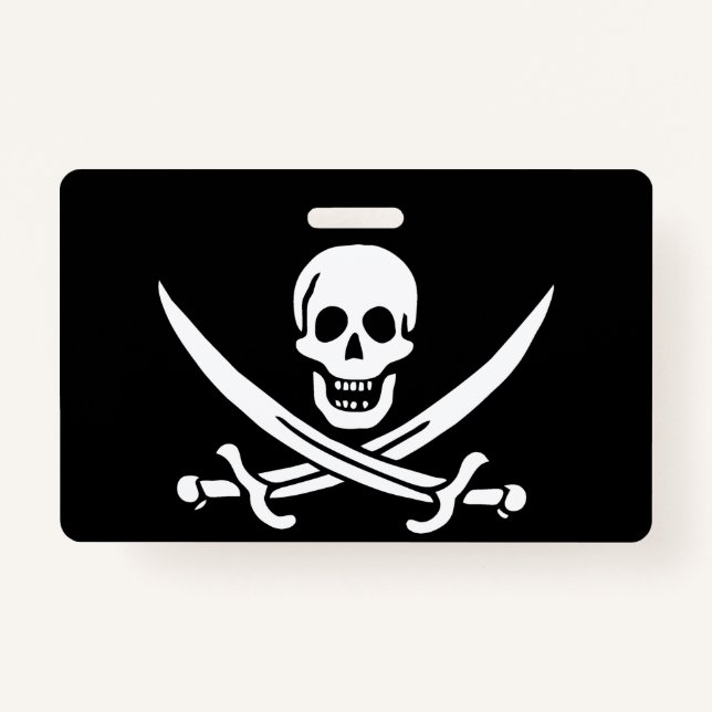 White, Pirate Flag Calico Jack, Skull & Cutlass  ID Badge (Front)