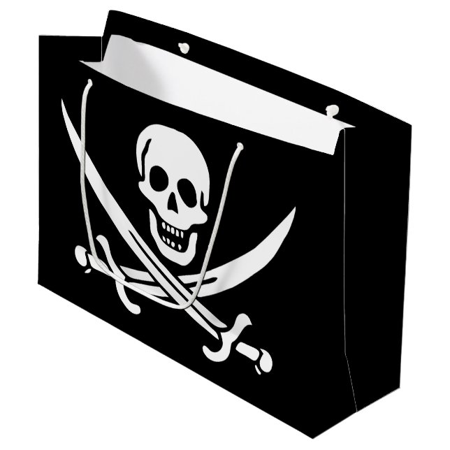 White, Pirate Flag Calico Jack, Skull & Cutlass  Large Gift Bag (Front Angled)