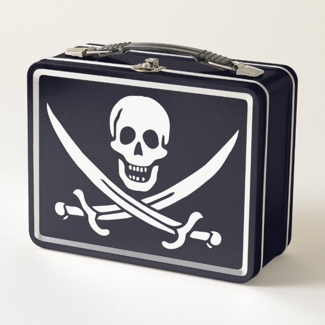 White, Pirate Flag Calico Jack, Skull & Cutlass Metal Lunch Box (Front)