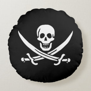 White, Pirate Flag Calico Jack, Skull & Cutlass Round Cushion