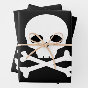 White Pirate Skull on Black Background Wrapping Paper Sheet