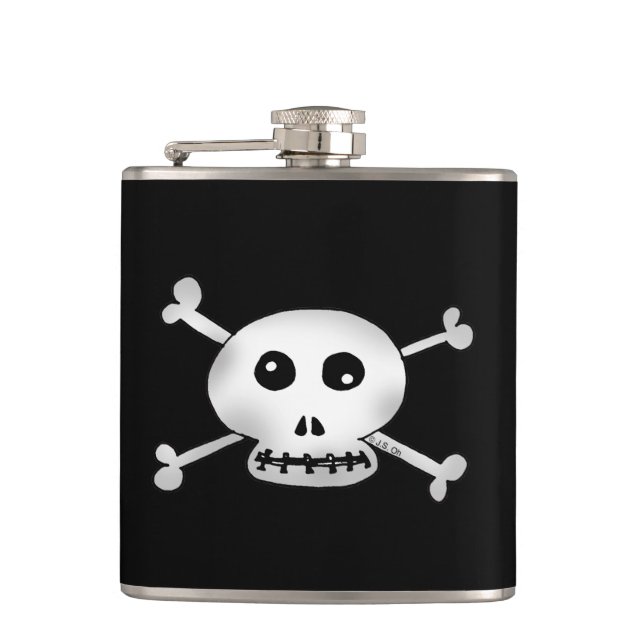 white pirate skulls cartoon hip flask (Front)