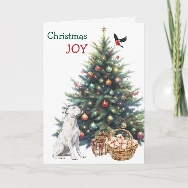 White Pit Bull, Bullfinch and Holiday Tree Card (Front)