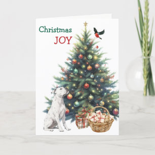 White Pit Bull, Bullfinch and Holiday Tree Card