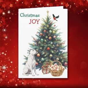 White Pit Bull, Bullfinch and Holiday Tree Card