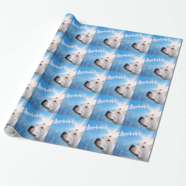 White Pit Bull Terrier Dog Waiting for Santa Claus Wrapping Paper (Unrolled)