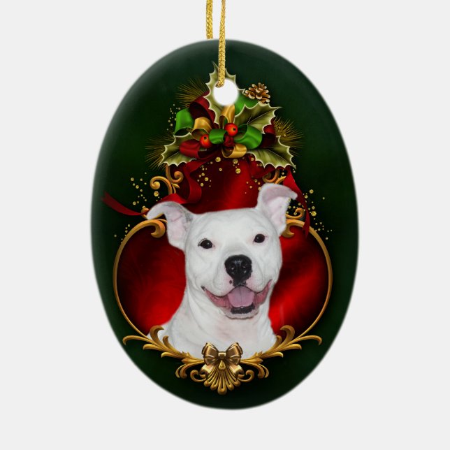 White pitbull Christmas Ceramic Tree Decoration (Back)