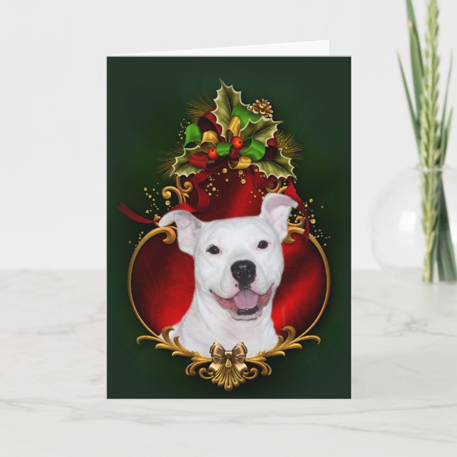 White pitbull Christmas Holiday Card (Front)