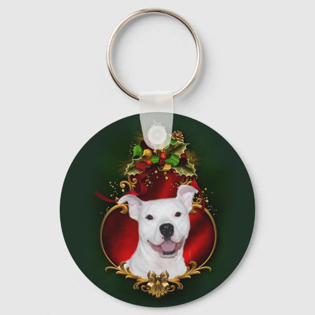 White pitbull Christmas Key Ring (Front)