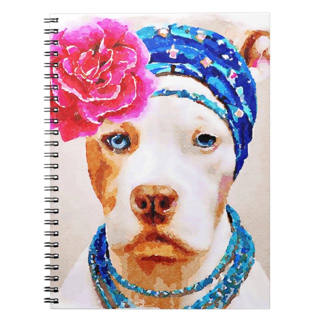 White Pitbull Dog Pink Rose Flower Necklace Notebo Notebook (Front)
