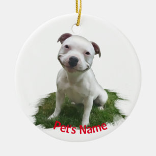 White Pitbull Grinning in the Grass Ceramic Tree Decoration