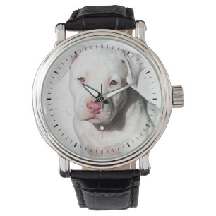 White Pitbull Puppy Watercolor Black Tick Marks Watch